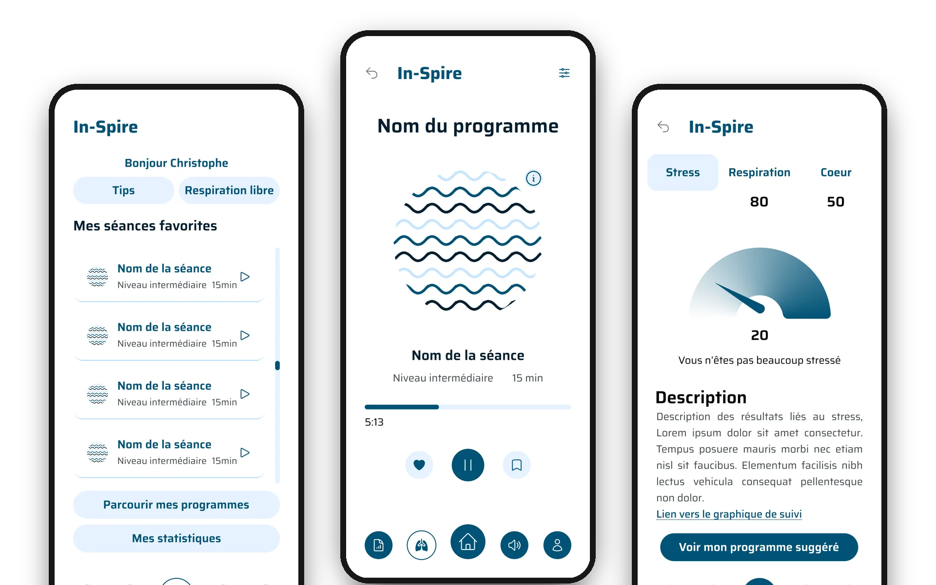 Maquettes de l'application In-Spire : accueil, lecture d'une séance et compteur de stress