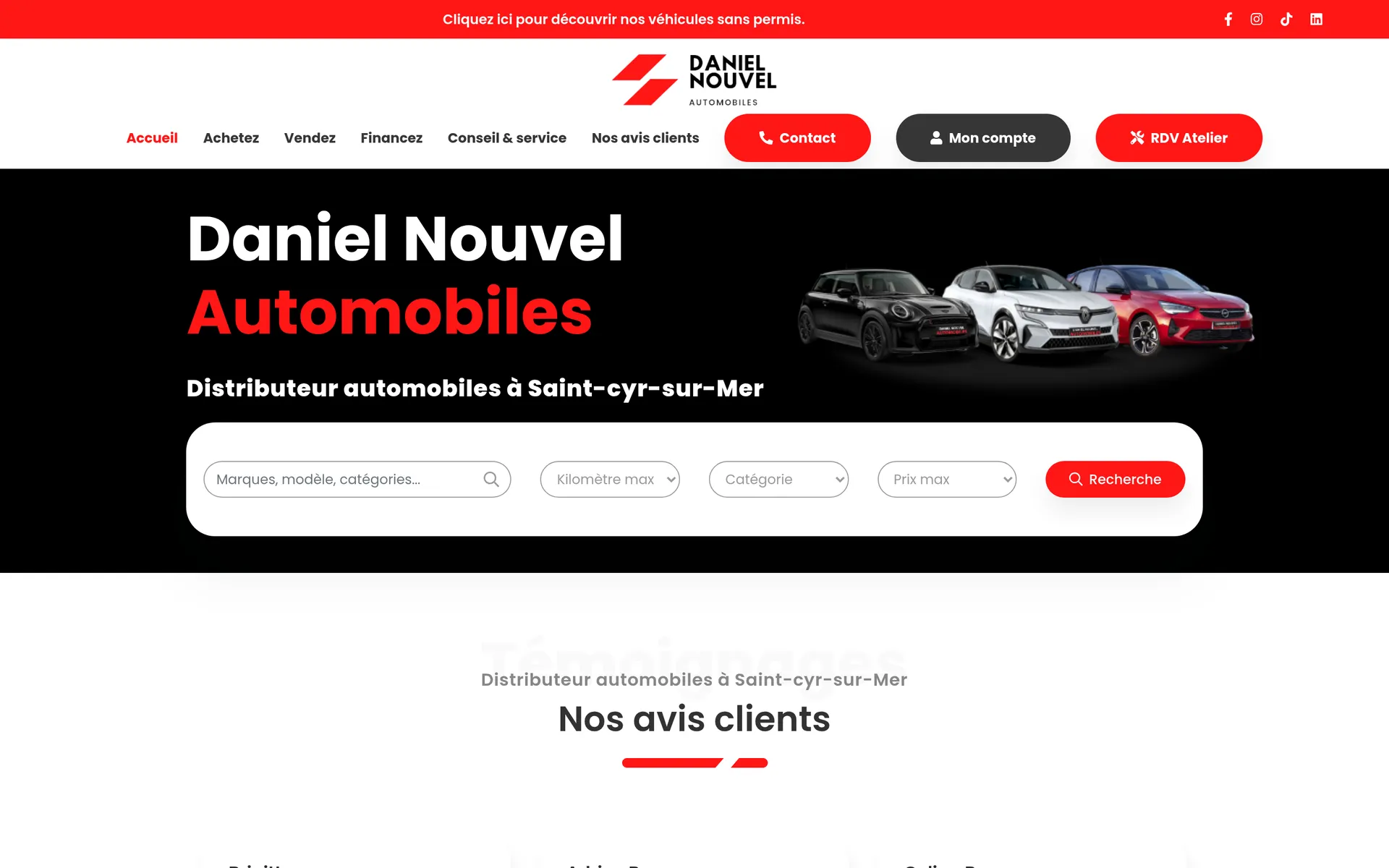 Page d'accueil de Daniel Nouvel Automobiles, avec la recherche de véhicules