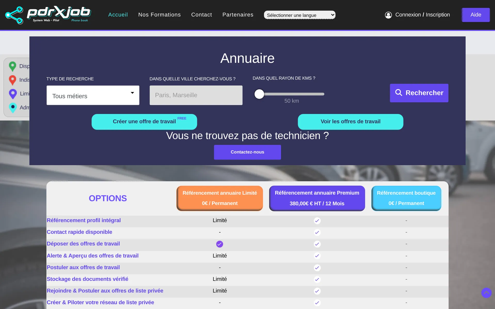 Annuaire des techniciens et tableau des formules d'abonnement de Pdrxjob